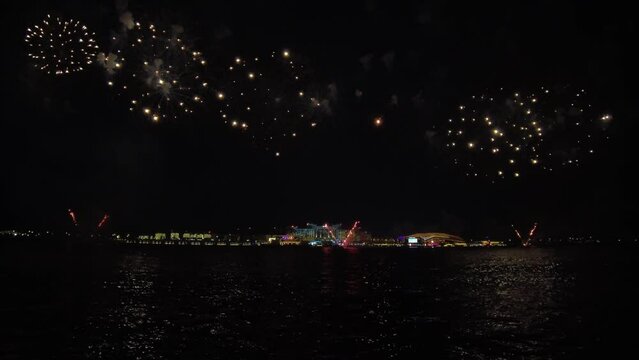 Fireworks in Yas Bay in Abu Dhabi, UAE celebrating public holiday Eid Al Adha