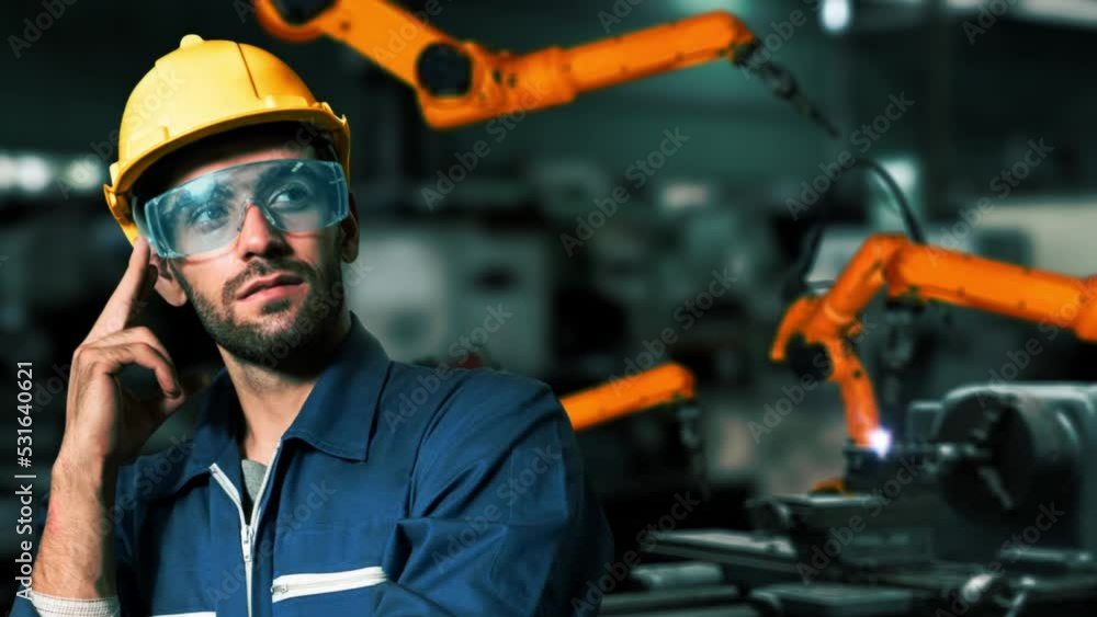 Poster engineer use cybernated robotic software to control industry robot arm in factory . automation manuf