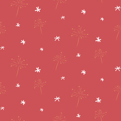 Seamless background with fireworks and snowflakes on red. Festive Christmas or New Year wrapping paper.