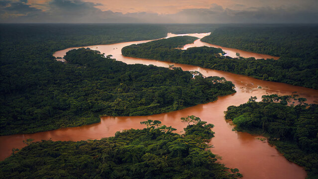 amazonas rainforest, tropical river landscape, fictional landscape created with generative ai