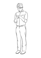 Drawing Black Outline Businessman standing and using the smartphone for connection technology isolated white background