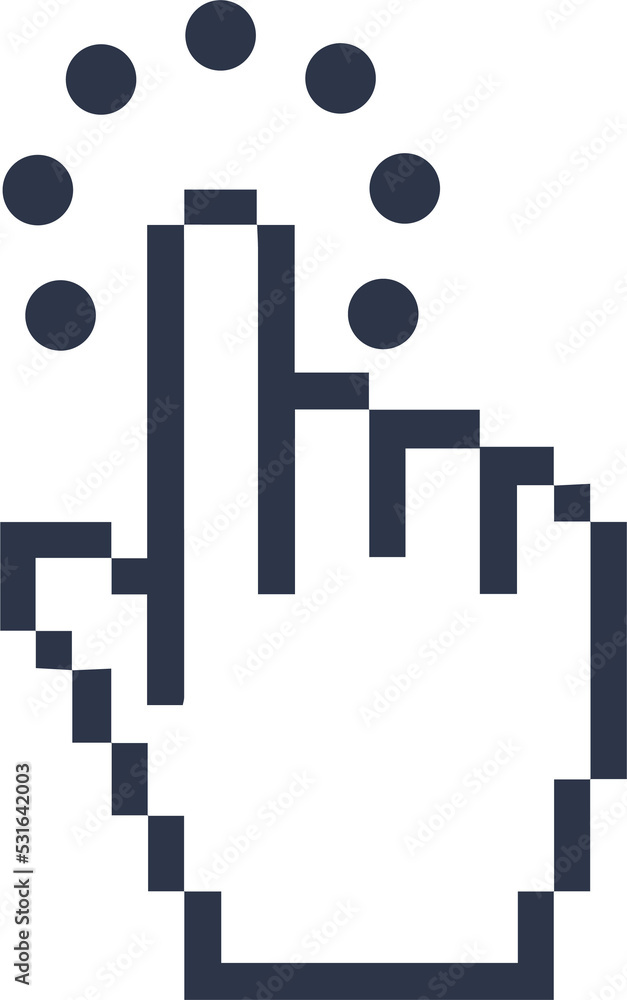 Poster pointer cursor сomputer mouse icon in pixel style. clicking cursor, pointing hand clicks icon.