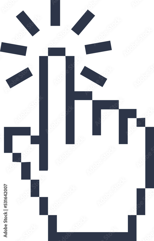 Poster pointer cursor сomputer mouse icon in pixel style. clicking cursor, pointing hand clicks icon.