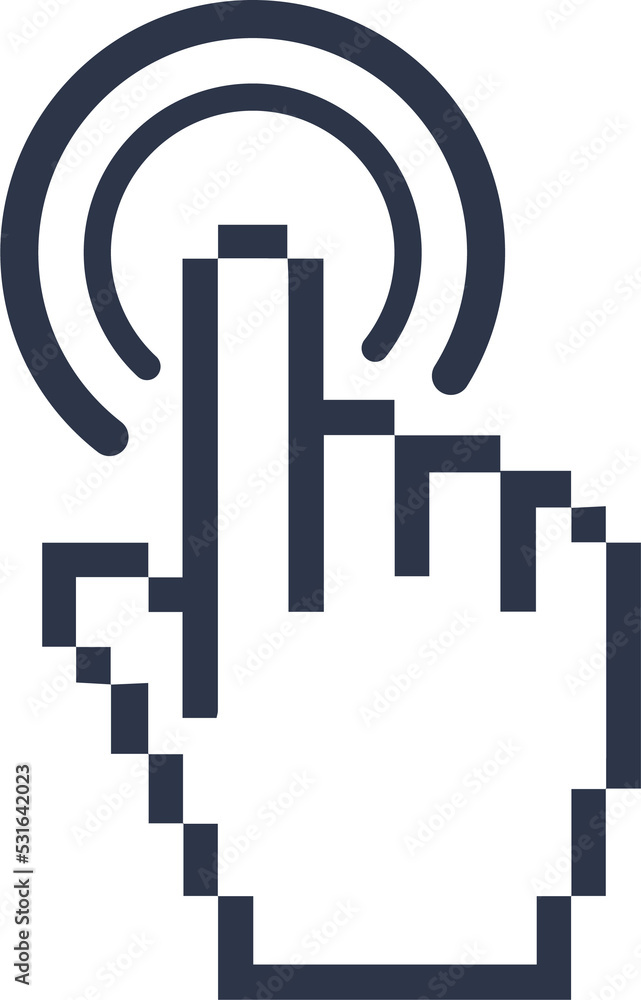 Poster pointer cursor сomputer mouse icon in pixel style. clicking cursor, pointing hand clicks icon.