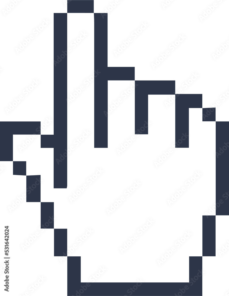 Poster pointer cursor сomputer mouse icon in pixel style. clicking cursor, pointing hand clicks icon.
