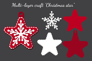 Christmas decoration star with a snowflake. Multilayer 3D craft. New Year's, Christmas volumetric decor. File to cut.