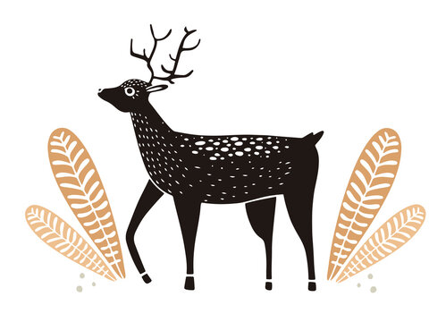 Hand drawn stag with antlers in bushes in linocut style, textured silhouette vector illustration , isolated on white background