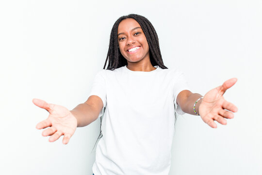 Young African American woman isolated on white background showing a welcome expression.