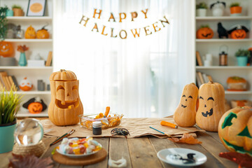 Carving pumpkin on the table at home