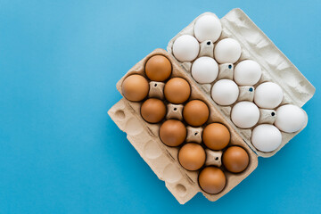 Top view of raw brown and white eggs in trays on blue background.