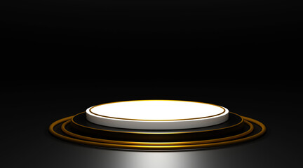 Premium pedestal, black round pedestal with white light on luxury minimal in Studio. Mockup for Product Presentation Brand design, cosmetics, empty pedestals, product banner. 3D rendering illustration