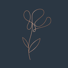 Line art flower. Decorative plant with leaf and petals icon. Botanical illustration. Nature element isolated on dark background. Elegant, beauty, luxury spa style. Gold outline logo.