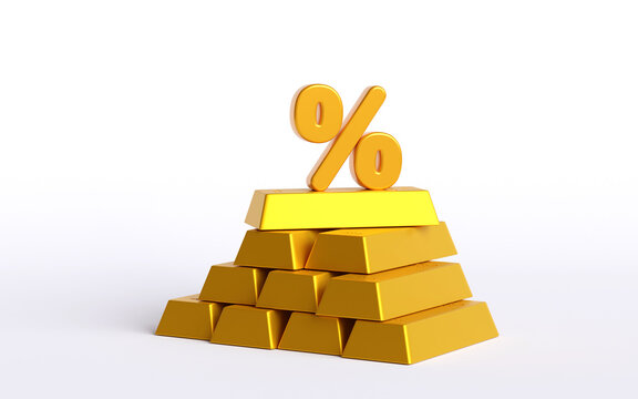 top percent icon  pile of gold bars on white background. growth rate of the purchase and sale of pure gold. Gold market, taxes and exchange rates. 3D rendering illustration