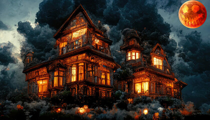A large colonial house of terror with a red full moon with horror pumpkin smiling and candlelight. The Halloween theme of horror house in the dark. 3D illustration and fantasy digital painting. - obrazy, fototapety, plakaty
