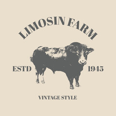 logo cow design on a cream background. Logo, Symbol. T shirt logo design. Hand drawn in a graphic retro vintage style. Vector engraving illustration for label, poster, logo template design