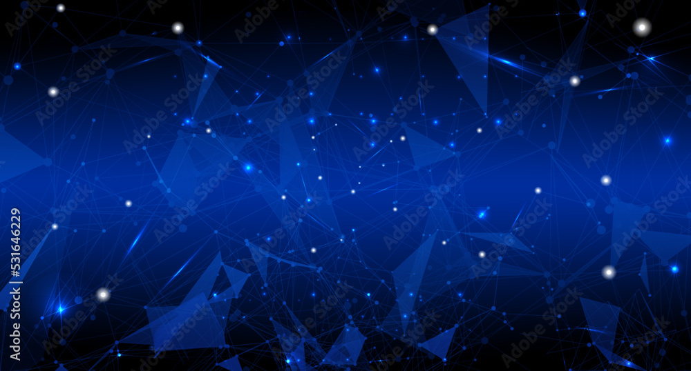 Poster Abstract geometric polygonal structure cybernetic. Plexus network technology concept. Virtual blue mesh connectivity nodes vector.