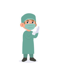A woman doctor in surgical gown outfit illustration vector cartoon character design on white background. Medical concept.