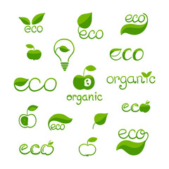 Set of eco, organic icons. Natural food symbols. Vector illustration.