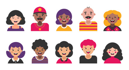 Set, collection of avatars, portraits, profile pictures with diverse people. Set of icons with girls, boys, men, women for family, group of people, social media design.