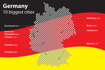 Stylized dotted vector Germany map. Infographic with 10 biggest cities and german flag as background. Vector illustration