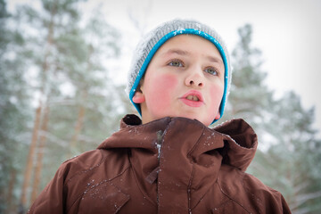 A boy is standing in the winter forest. Close-up.