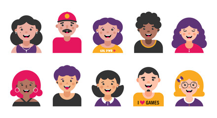 Set, collection of avatars, portraits, profile pictures with diverse people. Set of icons with girls, boys, men, women for family, group of people, social media design.
