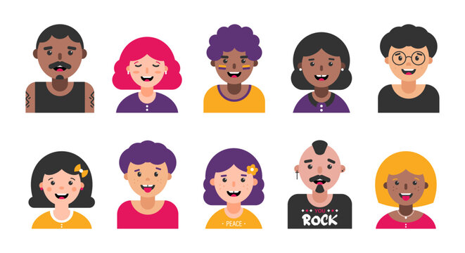 Set, collection of avatars, portraits, profile pictures with diverse people. Set of icons with girls, boys, men, women for family, group of people, social media design.