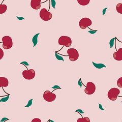 Simple seamless red cherry pattern on light pink background. Good for wrapping paper, textile fabric print vector illustration. Cherry berry seamless pattern.