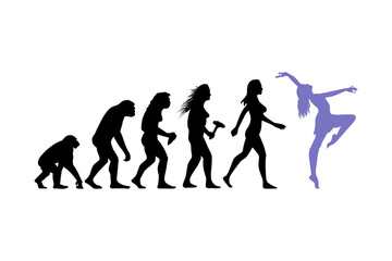 Naklejka na ściany i meble Theory of evolution of woman silhouette from ape to dancer. Vector illustration