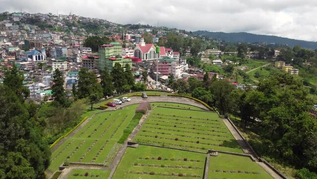 An aerial view of the hill city of Kohima and the World War 2 Cemetery in Nagaland northeast India.