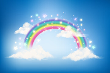 Fantasy rainbow unicorn background with clouds on blue sky. Magical landscape, abstract fabulous wallpaper with stars and sparkles. Arched realistic spectrum. Vector.