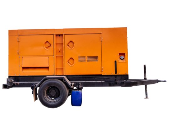 The mobile industrial diesel power generator with fuel tank on white background