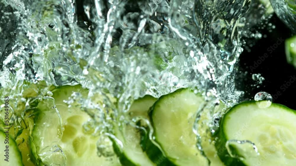 Poster super slow motion of falling cucumber slices into water. isolated on black background. filmed on hig