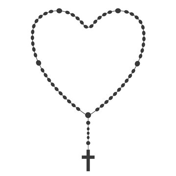 Rosary beads silhouette. Prayer heart shaped jewelry for meditation. Catholic chaplet with a cross. Religion symbol. Vector illustration.