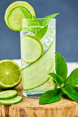 Cucumber, lime and mint lemonade. Refresment summer drink, Glass of detox water for dieting