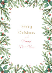 Watercolor vector Christmas card with fir branches with copy space.