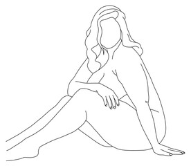 Fat girl posing in her underwear. Body-positive, large-sized women in underwear. For the design of underwear and swimwear, bathing suits. Linear art.