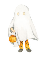 Watercolor cute ghost. Kid  in sheet costume. Halloween costumes. Autumn holiday. Trick or treat.