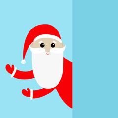 Merry Christmas. Santa Claus standing behind blank signboard pointing hand. Red hat, costume, beard, belt. Cute cartoon kawaii funny baby character. New Year. Greeting card. Blue background.