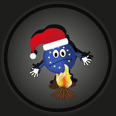 The EU flag with eyes and a smile in the Christmas hat of Santa Claus spreads his hands in front of the fire in cut out paper style.