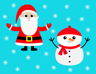 Snowman and Santa Claus icon. Merry Christmas. Cute cartoon kawaii funny baby character. Snow flake. Hands up. Snowflake. Blue background. Greeting card. Flat design