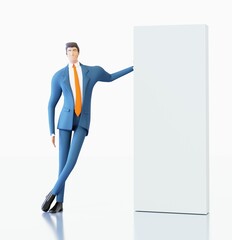 Successful businessman stands next to white planet with space for text. 3D rendering illustration