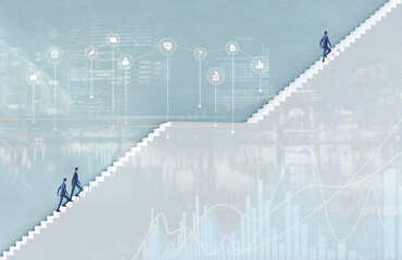 Successful business people are waking up the stairs. Career, professional achievements, competitive environment concept