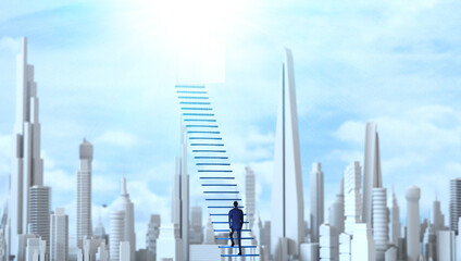 Businessman climbing up the ladder of success in the big modern city. Business centre  with skyscrapers, office buildings and apartment blocks. 3D rendering illustration 