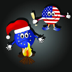 The EU flag with eyes and a smile in the Christmas hat of Santa Claus spreads his hands in front of the fire and flag USA with glass of champagne in his hands in cut out paper style.