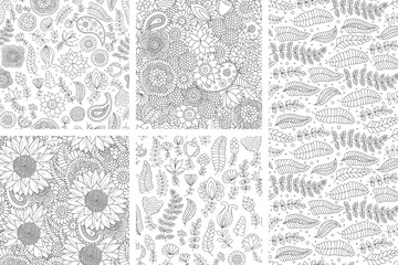Set of seamless floral doodle backgrounds, black and white flowers, leaves, herbs and patterns