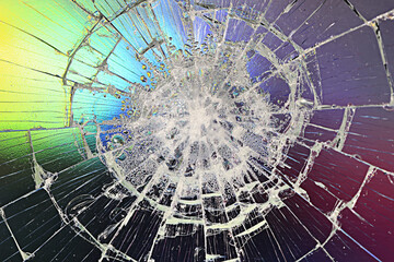 cracks on the glass impact on the glass, abstract background broken window damage