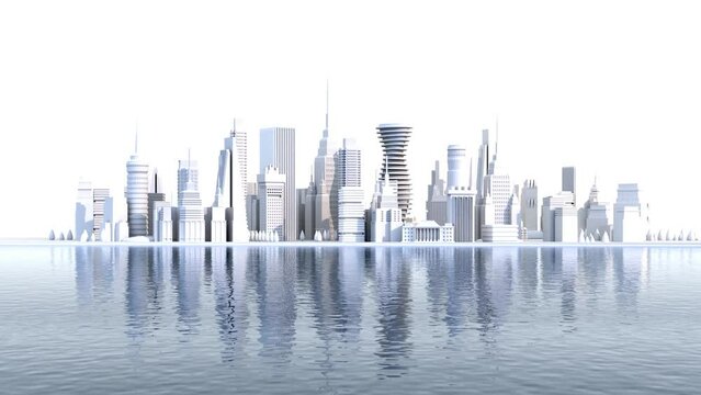 Modern city on the lake 3D rendering illustration. City centre with skyscrapers, office, corporate and apartments blocks. 