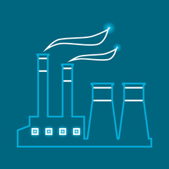 Line industrial factory or power plant (powerhouse) with smoke on blue background outline icon flat vector design.