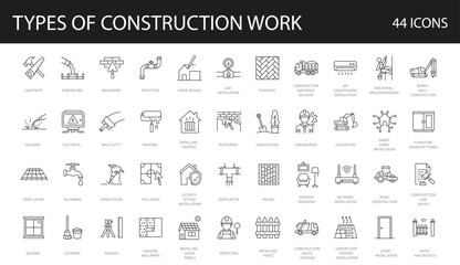 Set of 44 line icons related to different types of construction works. Kinds of building activities, occupation. Editable Stroke. outline collection. Repair, Renovation,  Work Tools,  Materials  - obrazy, fototapety, plakaty